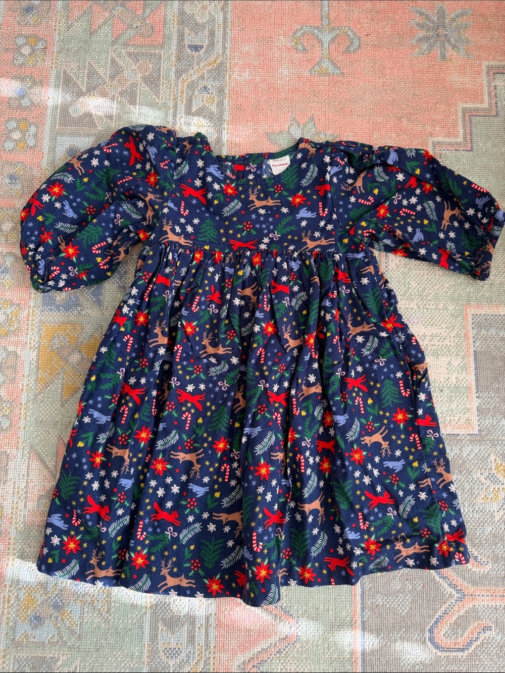 Hanna Andersson Navy Holiday Reindeer Puff-Sleeve Dress with Red & Green (6-7)